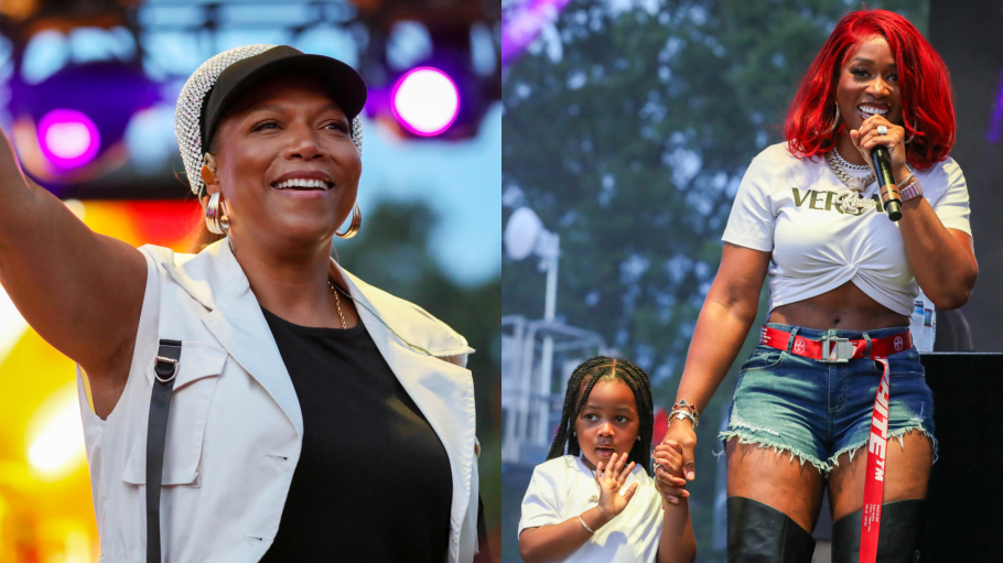 Queen Latifah and Remy Ma performing at the Smithsonian’s Hip-Hop 50 Block Party, 2023